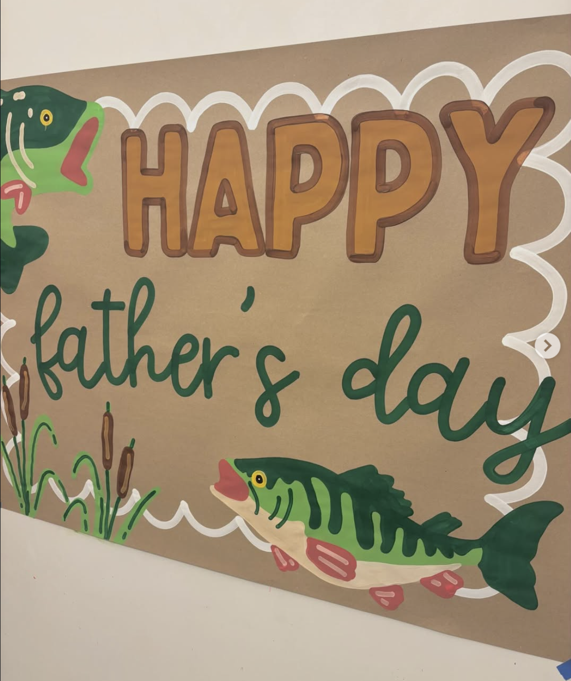 Father's Day banner with hand-painted bass fish, reading Happy Father's Day