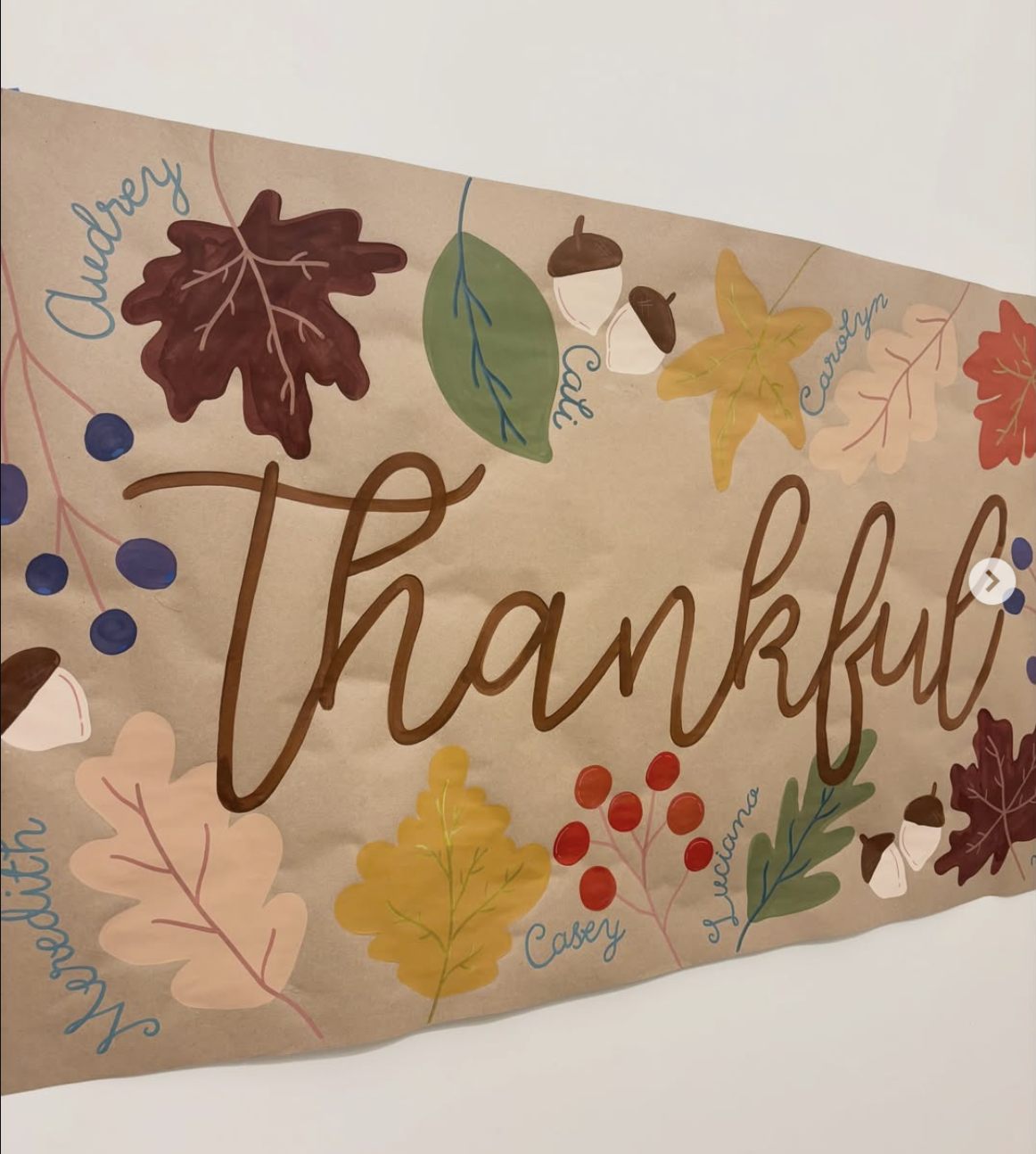 Autumn-themed Thankful banner with hand-painted leaves and acorns and friends names around the edge